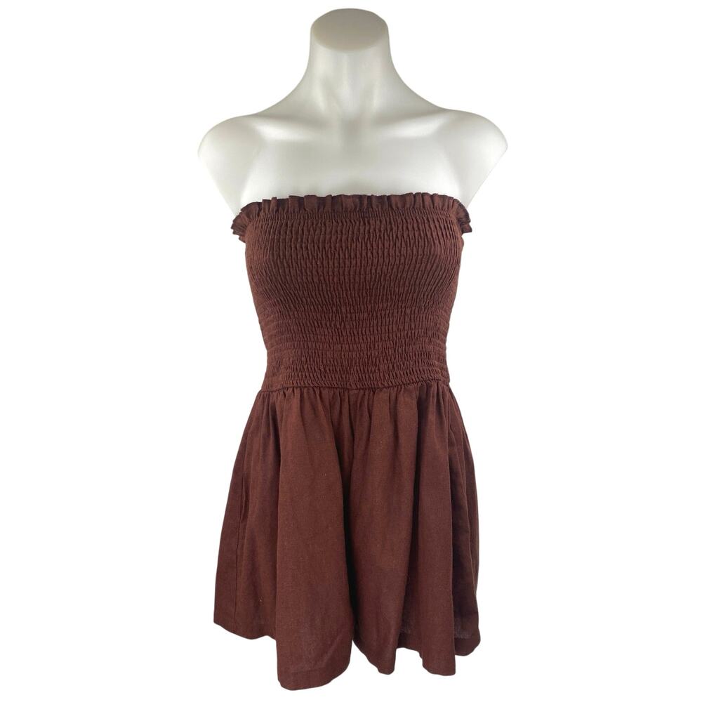 Princess Polly Brown Strapless Sleeveless Smocked Bandeau Tube Romper Shorts 6